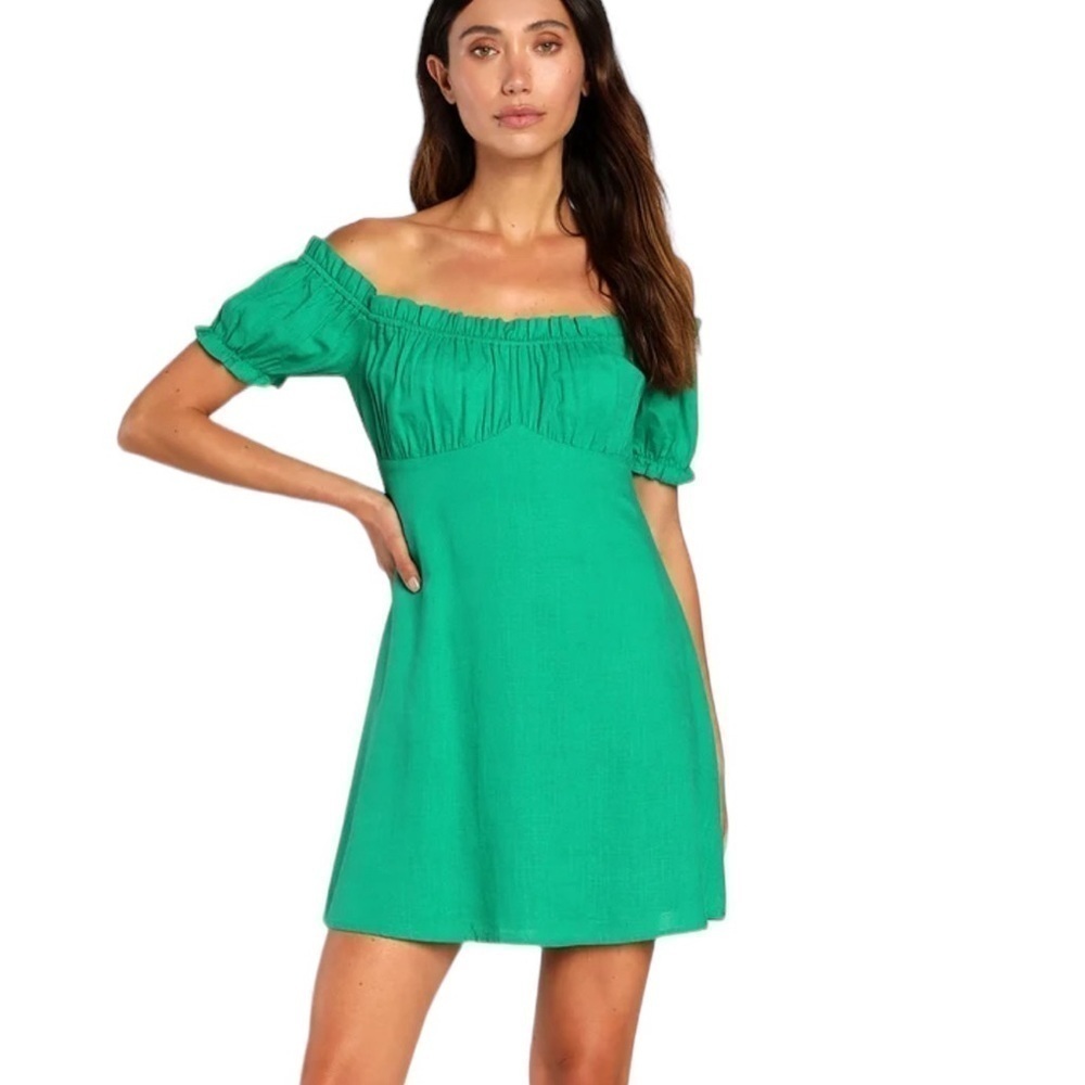 Lulu’s Radiant Realness Kelly Green Off-The-Shoulder Linen Babydoll Dress Size S